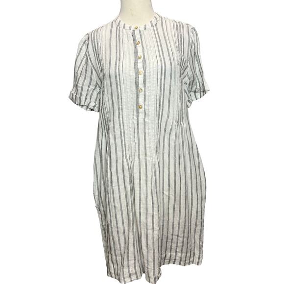 Quince Dress Small White Black Stripe Pintuck European Linen Boho Beach Pockets - Picture 2 of 15